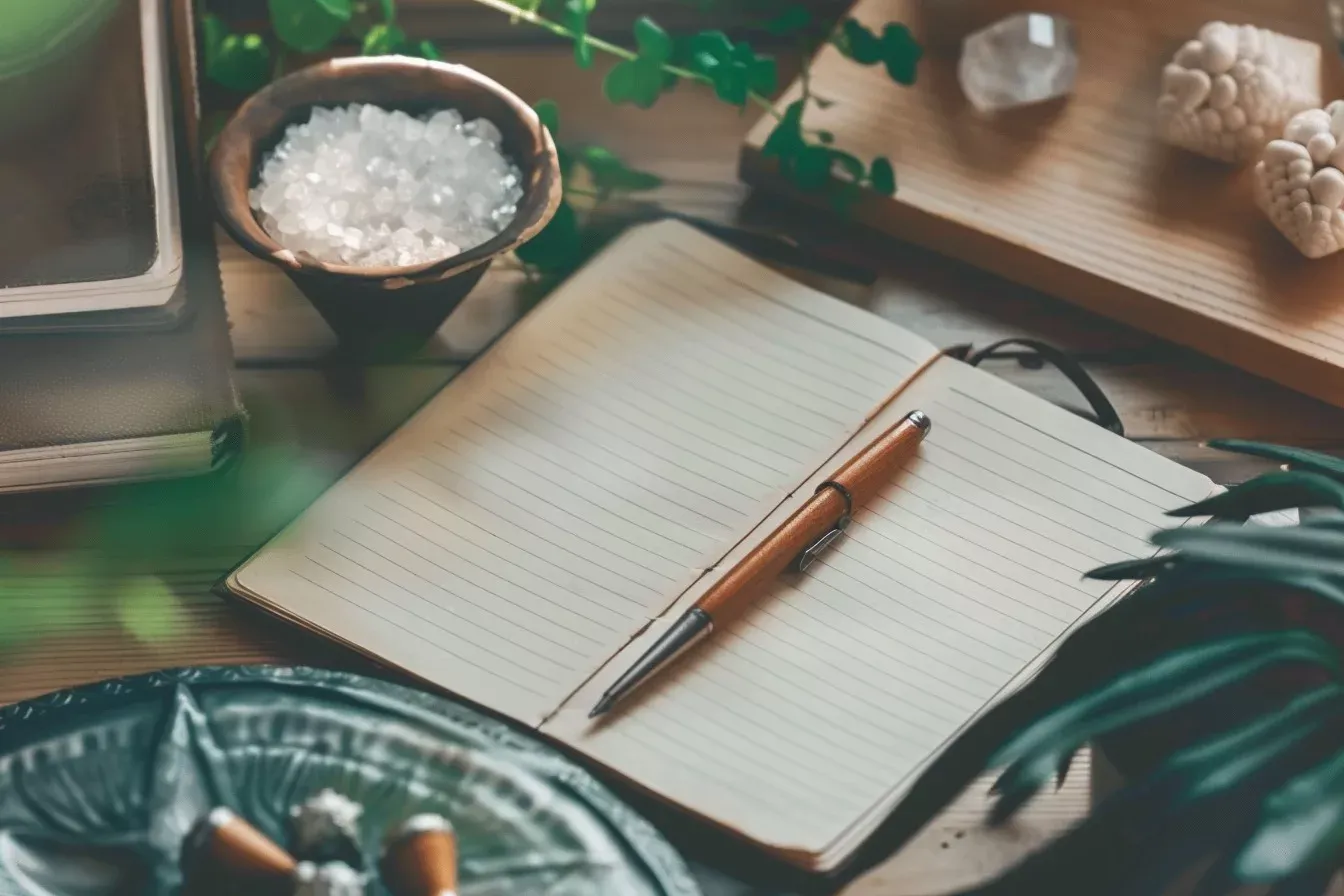 Webdesign for coaches, therapists and healers Web Design services for coaches and healers, notebook and pen on a desk, healing crystals on the desk