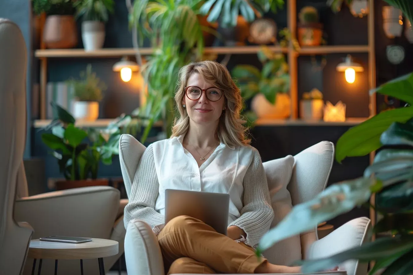 Websites for coaches and therapists A welcoming, professional photo of a therapist or coach in a comfortable office setting. A serene, nature-inspired scene that evokes calm and tranquility